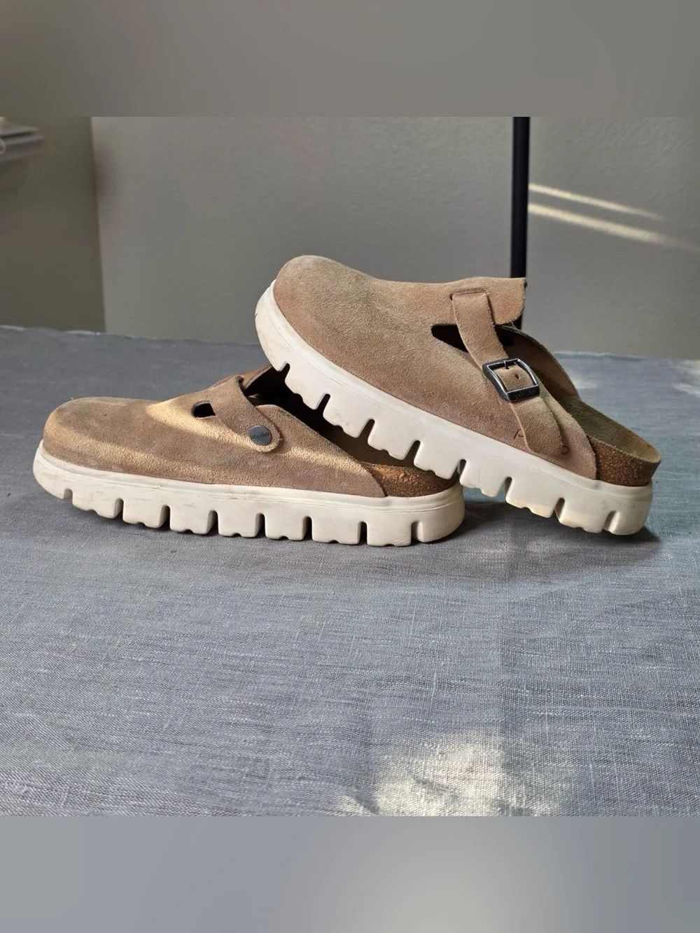 Papillio Birkenstock Boston Platform Clogs Suede Taupe Tan Chunky Mule Mules 36